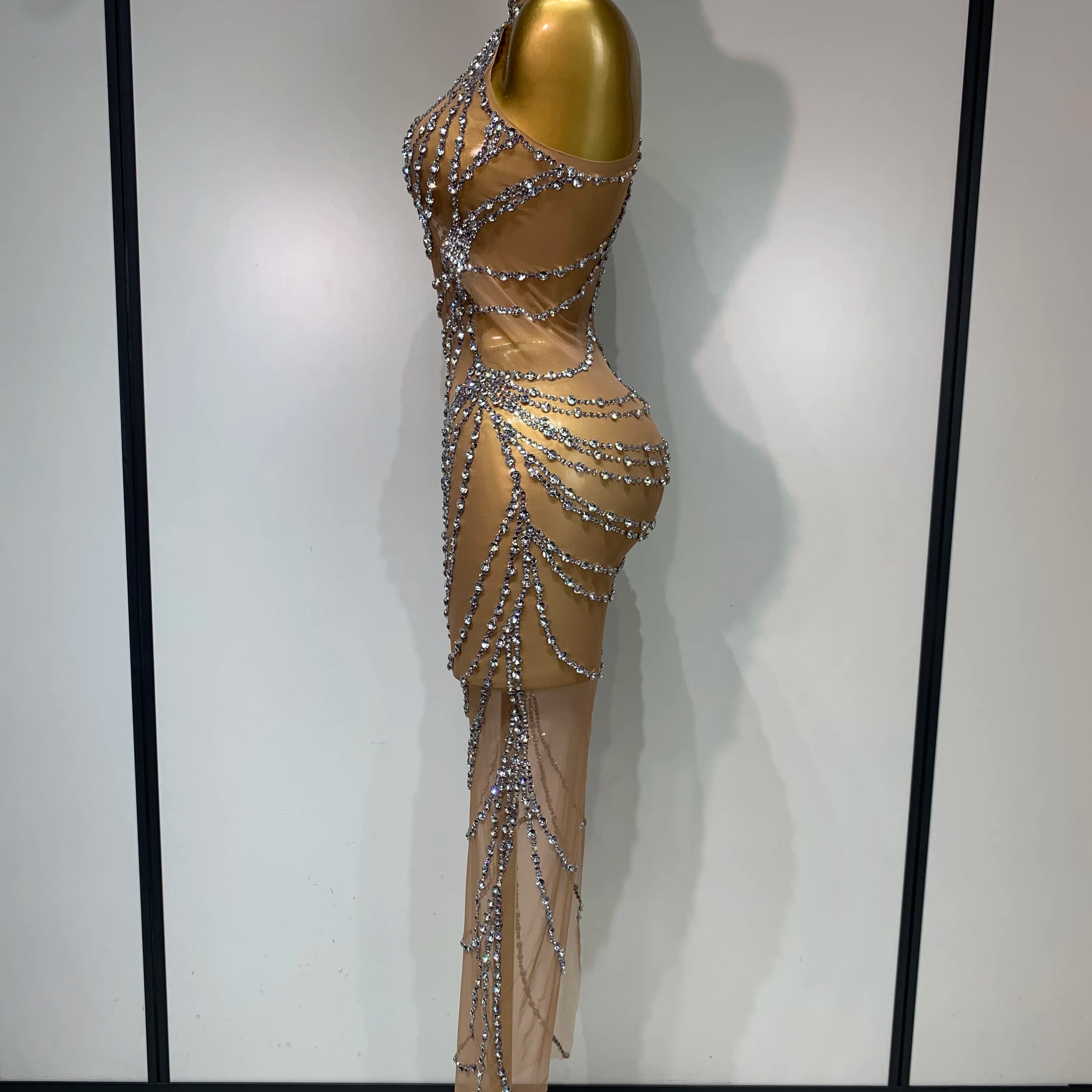 Luxury Rhinestone Sparkly Sexy Transparent Mesh Long Dress 2025 Women Birthday Party Gown Stage Singer Performance Costume