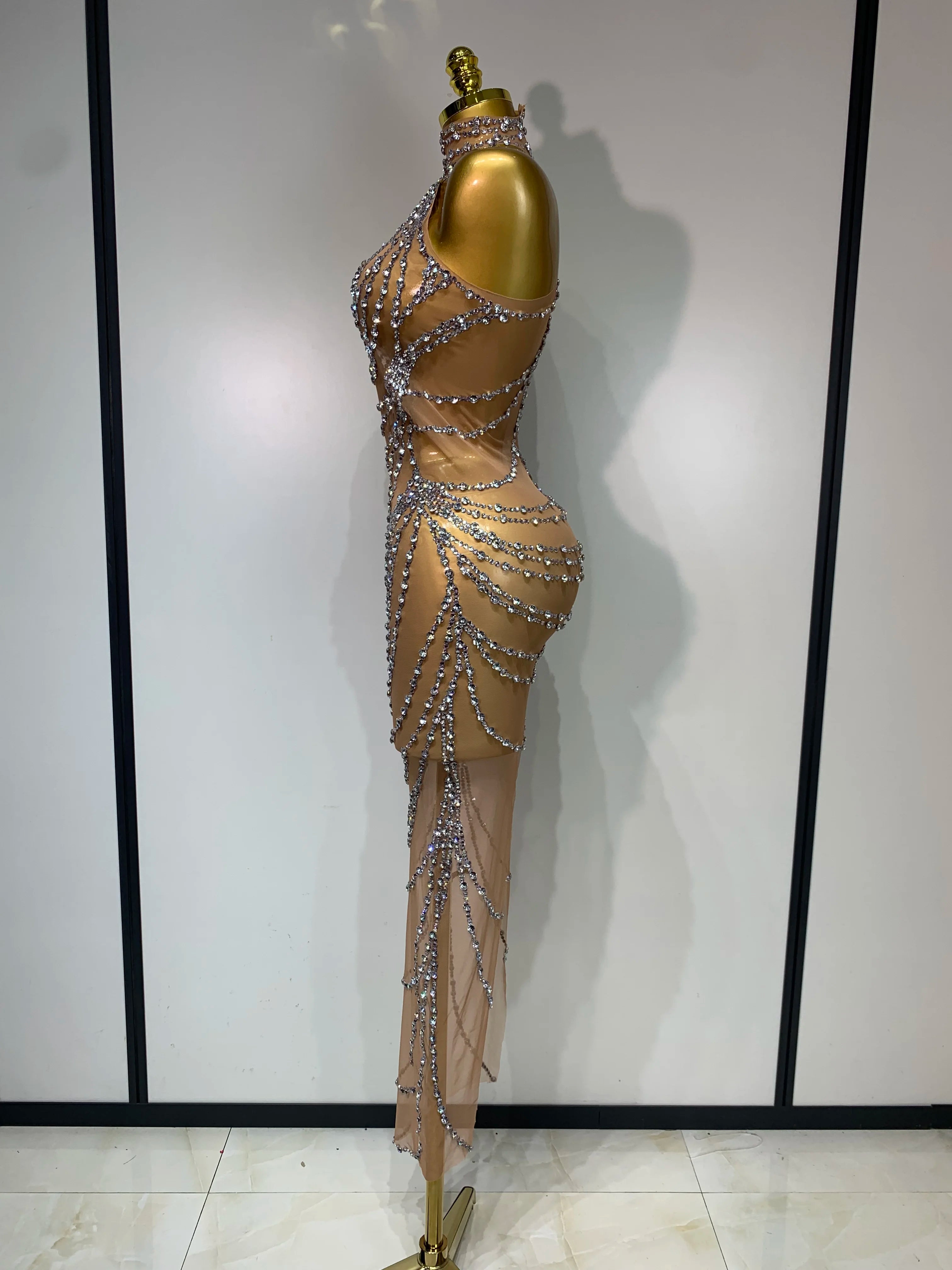 Luxury Rhinestone Sparkly Sexy Transparent Mesh Long Dress 2025 Women Birthday Party Gown Stage Singer Performance Costume