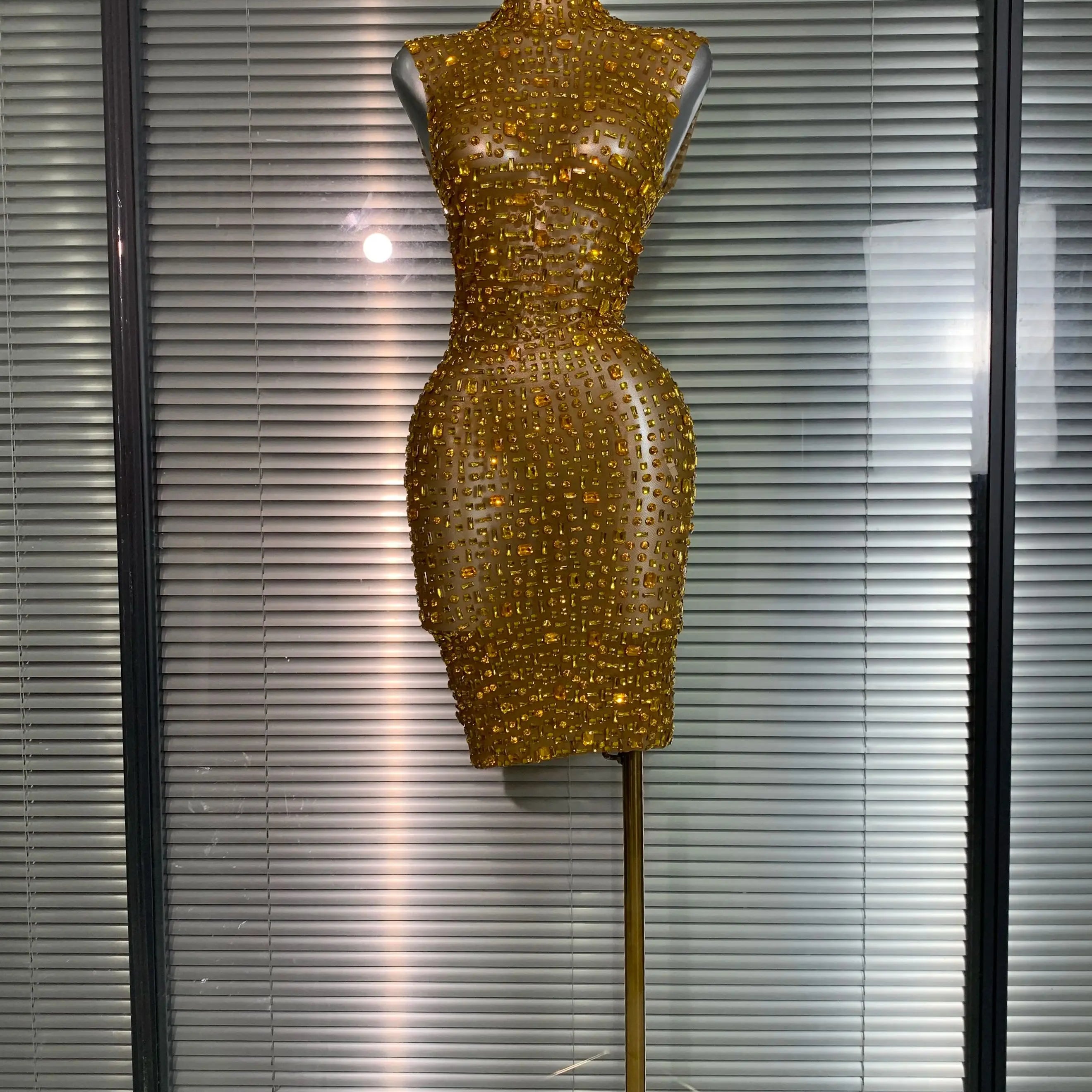 Women Sexy Mesh Crystal Diamonds Mini Performance Costume Stage Dancer See Through Stretchy Gold Night Club Party Dress