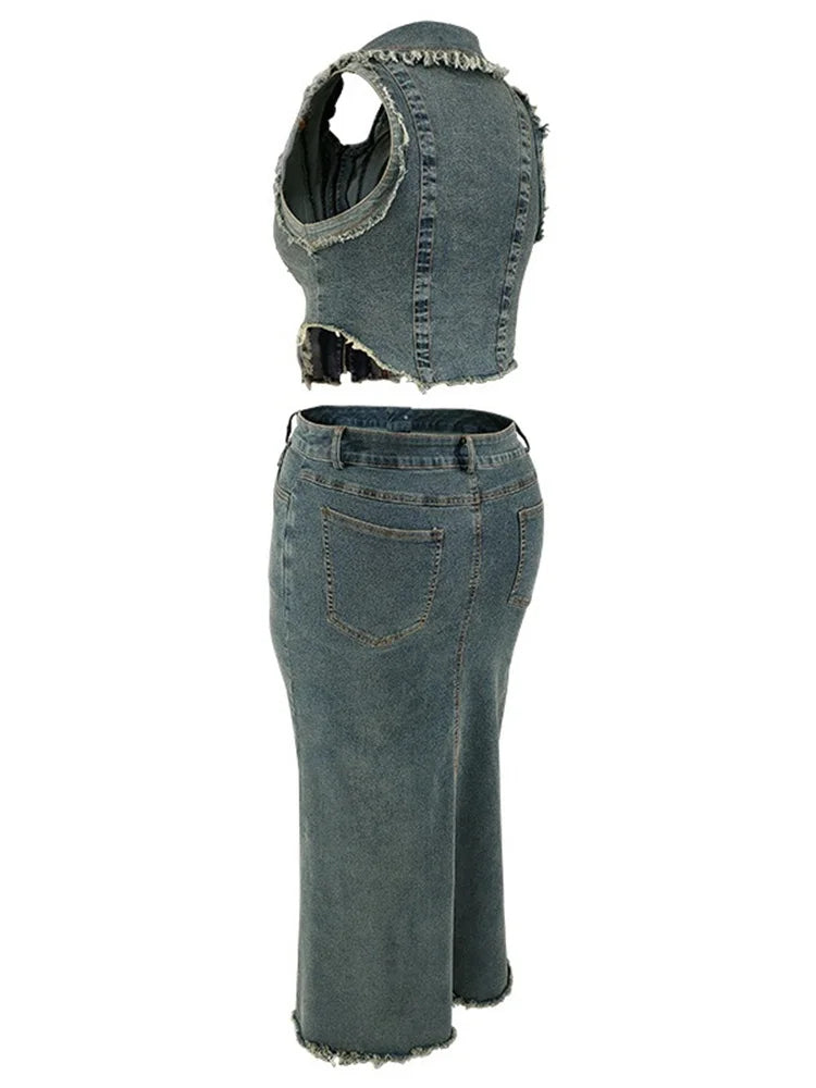 Wmstar Women Plus Size Denim Skirts Sets Two Piece Set Casual Summer Turn-down Collar Crop Tops Streetwear Matching Suits 2024