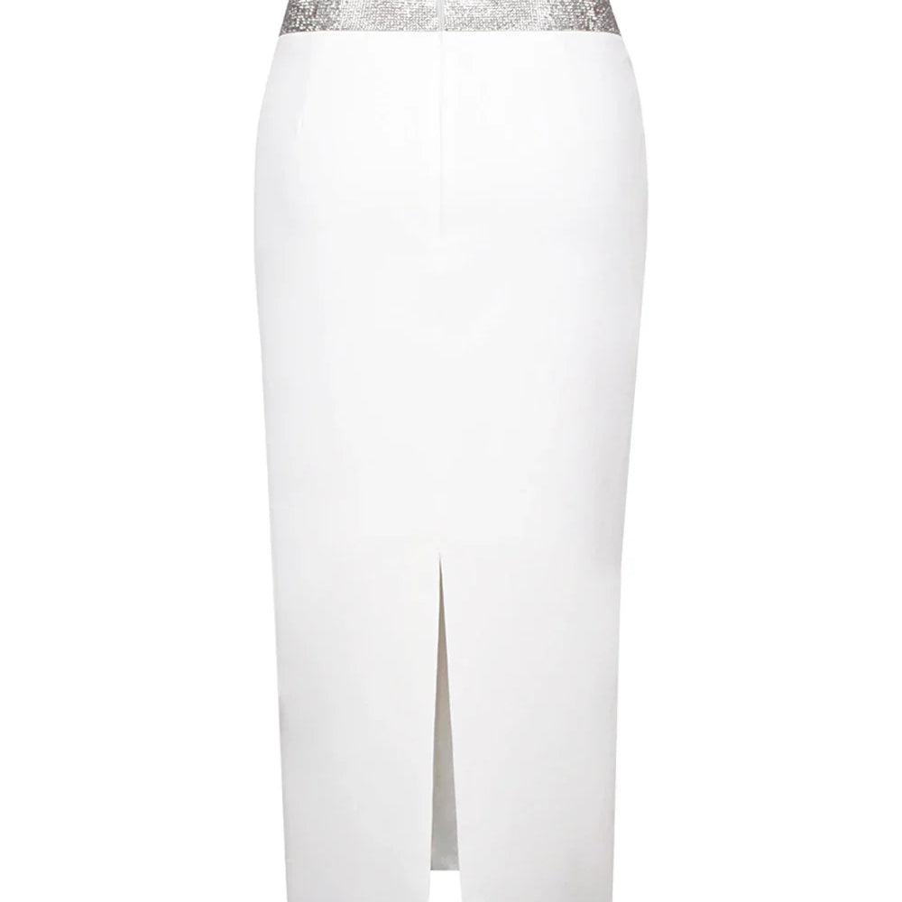 Saia midi bandagem justa branca e preta com cristais e diamantes, saia lápis de cintura alta para festa e boate, 77 cm