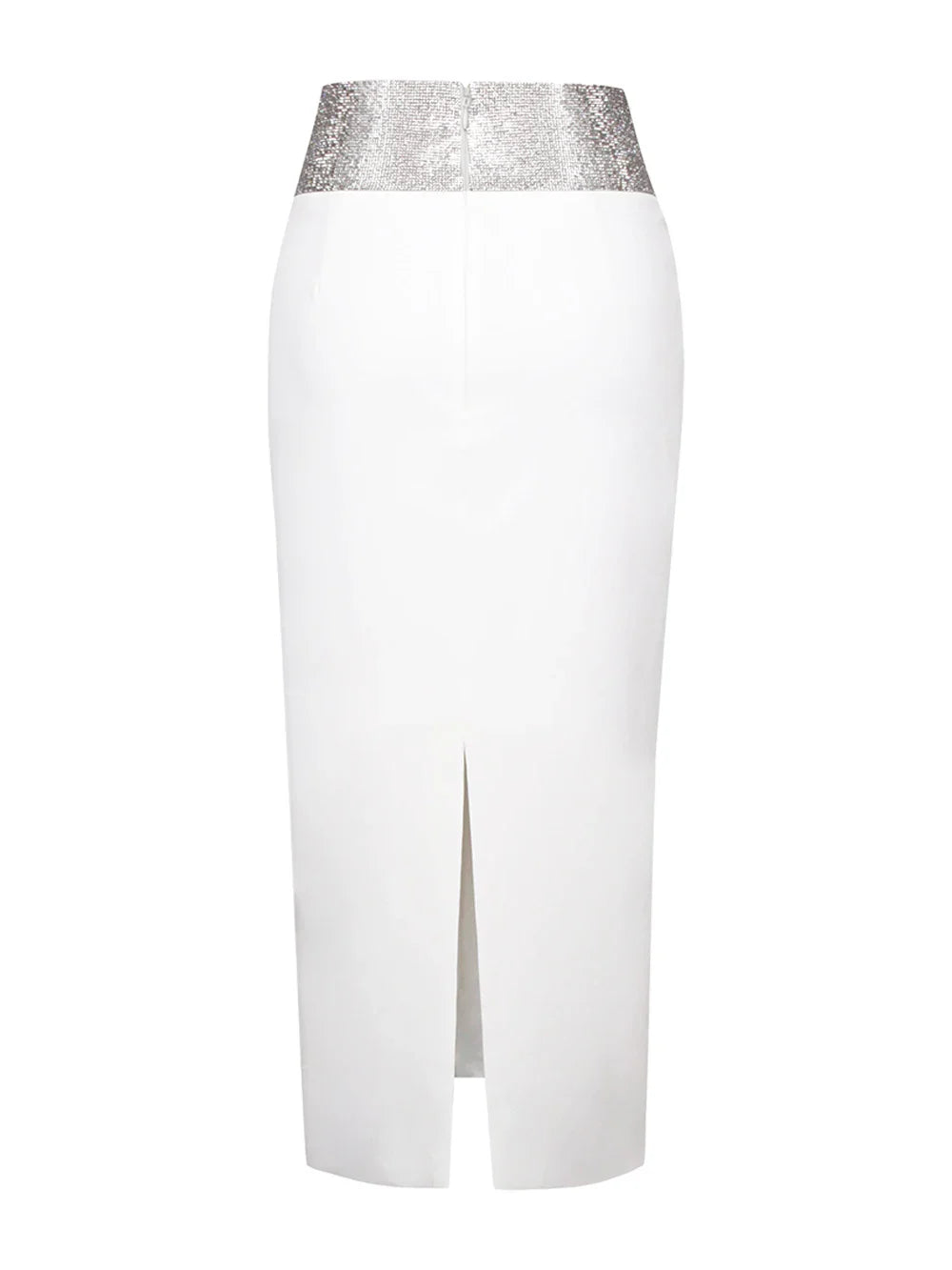 Saia midi bandagem justa branca e preta com cristais e diamantes, saia lápis de cintura alta para festa e boate, 77 cm