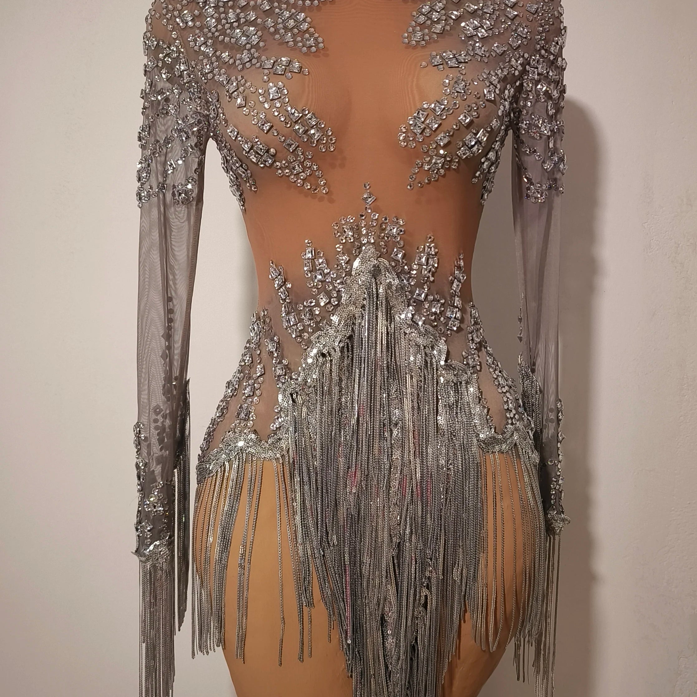 Women Sexy Mesh Silver Gray Crystal Stretchy Night Club Singer Dancer Tassel Dancer tage Costume Mini Party Dress