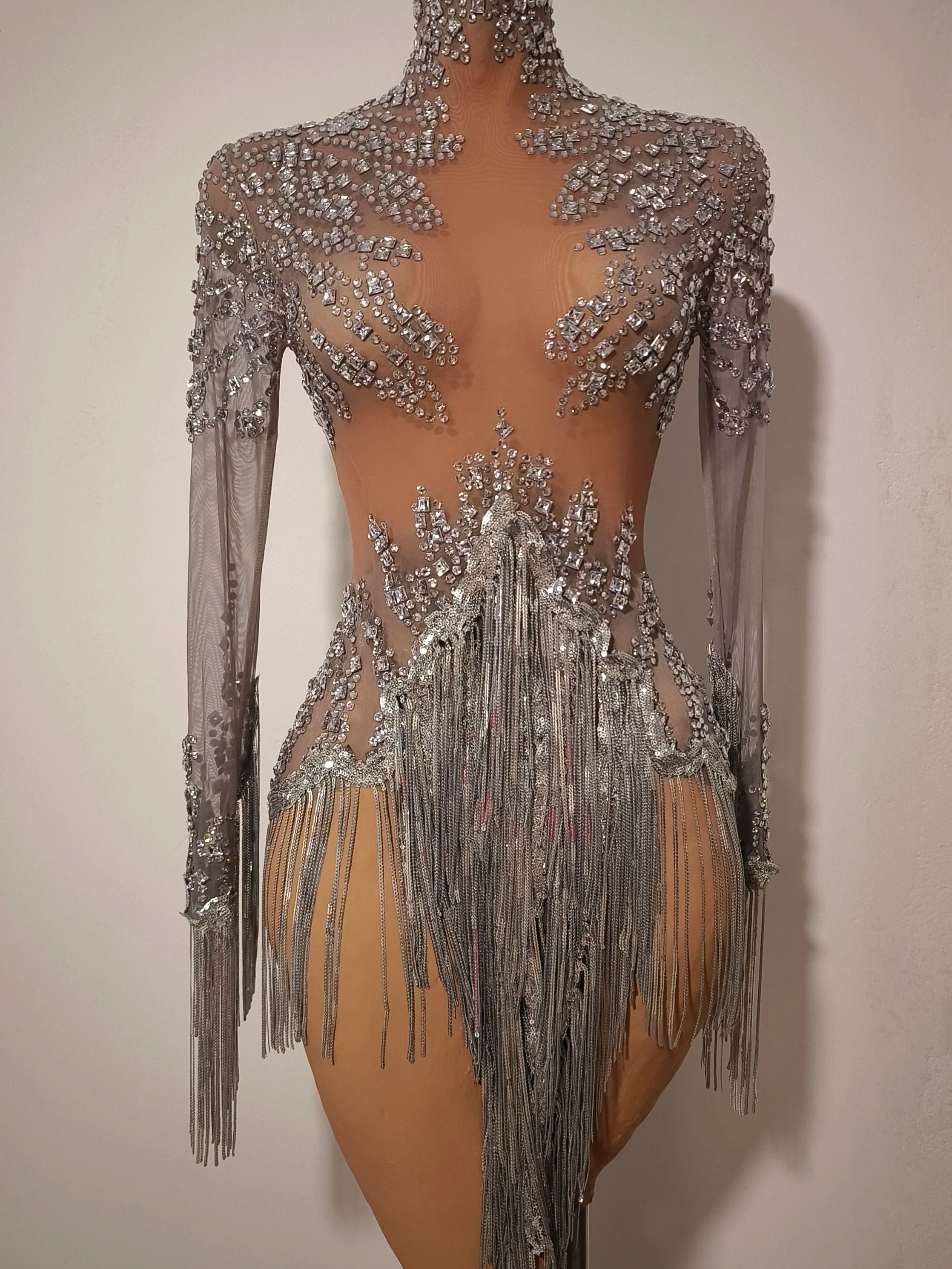 Women Sexy Mesh Silver Gray Crystal Stretchy Night Club Singer Dancer Tassel Dancer tage Costume Mini Party Dress