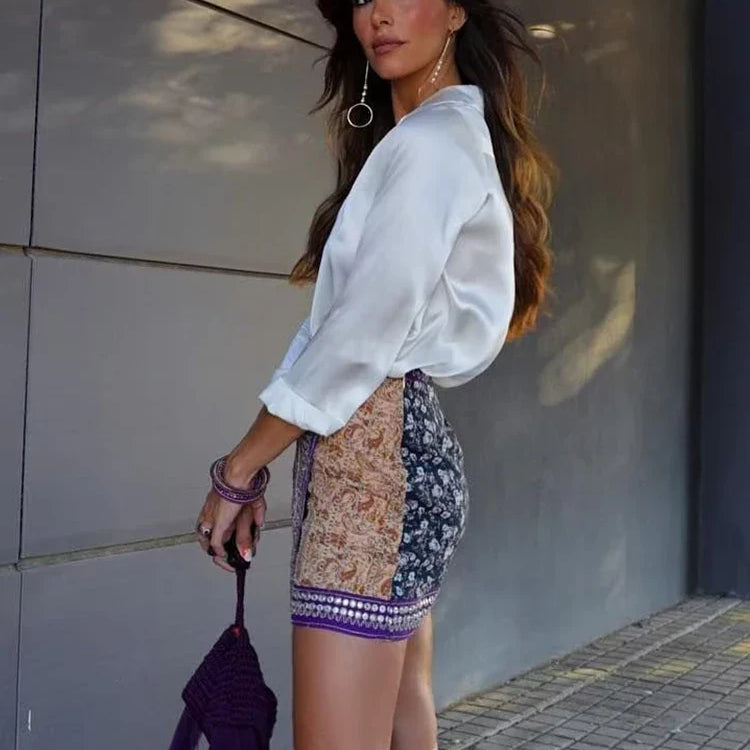 Boho Women Elegant Floral Print Mini Skirts 2023 Fashion Ladies Slim Patchwork Purple Skirt Vintage Female Chic Bottoms