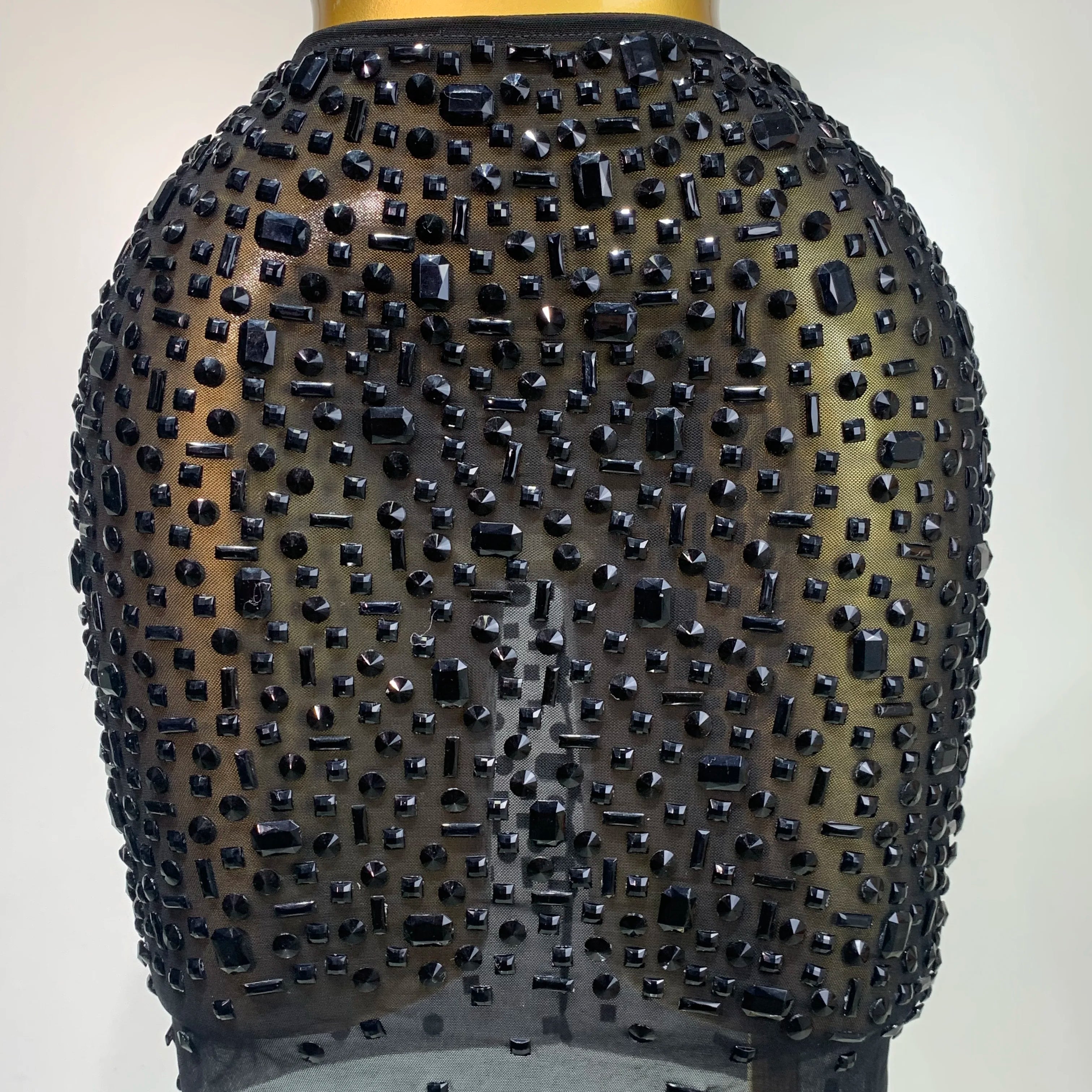 Luxury Rhinestone Mesh See Through Celebrate Birthday Dress Sparkly Top Short Skirt Two Pieces Sets Performance Stage Costume