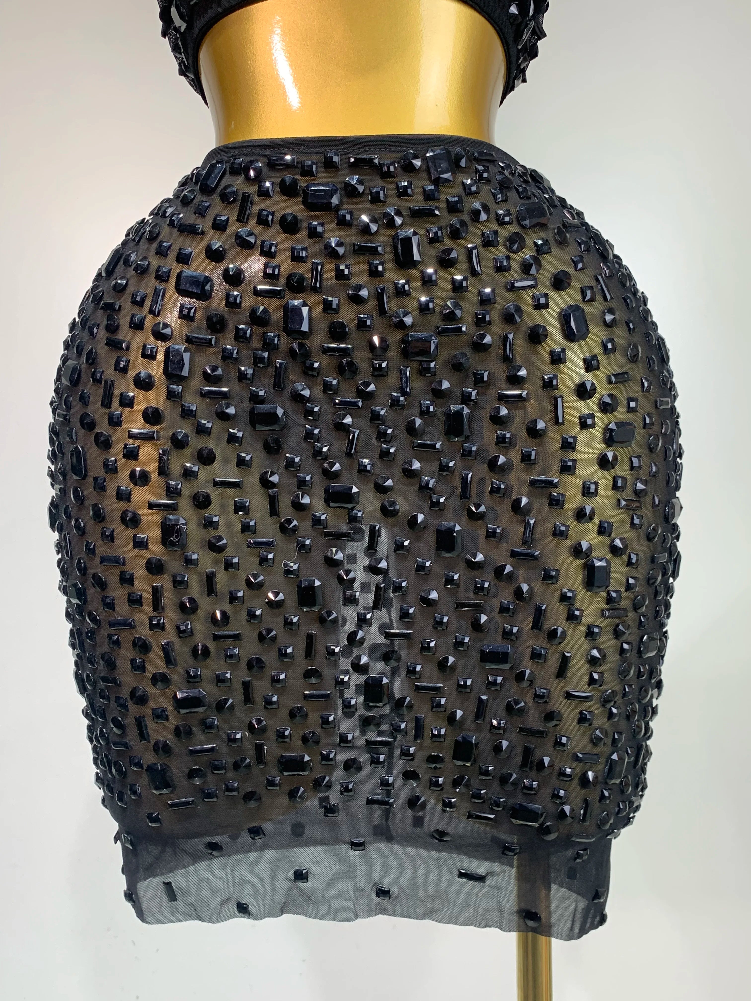 Luxury Rhinestone Mesh See Through Celebrate Birthday Dress Sparkly Top Short Skirt Two Pieces Sets Performance Stage Costume