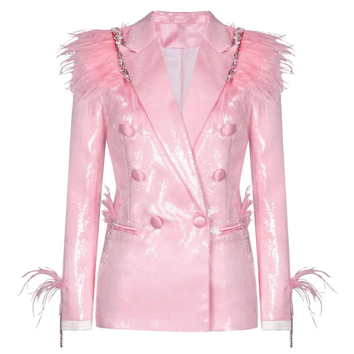Solid Loose Spliced Feather Blazer for Women Lapel Long Sleeves Patchwork Sequins Fashion Coat Female Clothing New