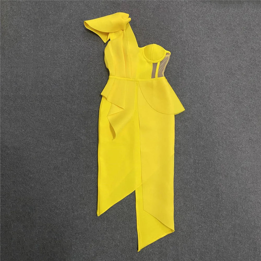 Women Sexy One Shoulder Bandage Dress New Mesh Patchwork Clothes Club Party Celebrity Elegant Dresses Yellow