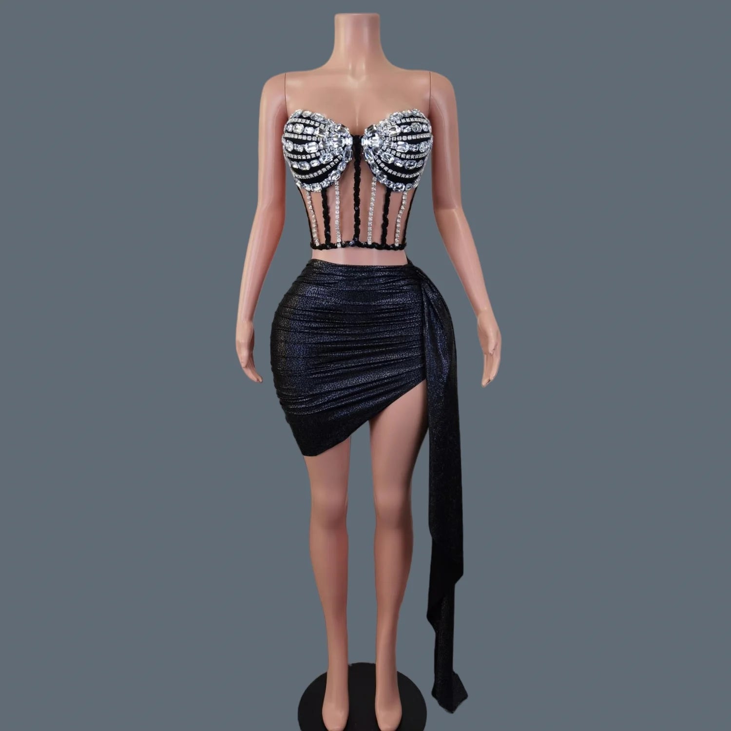 Women 2Pieces Set Strapless Bandage Short Dress Club Stage Show Sparkly Crystals Dress Celebrate Birthday Party Mini Dress Yanpi