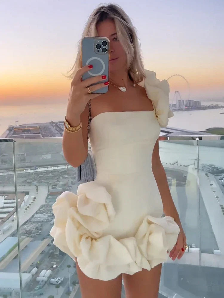 Elegant Party Evening Prom Dress Flower Patchwork Pleated Mini Dresses for Women 2023 Sleeveless Sexy Summer Dress Black White WHITE