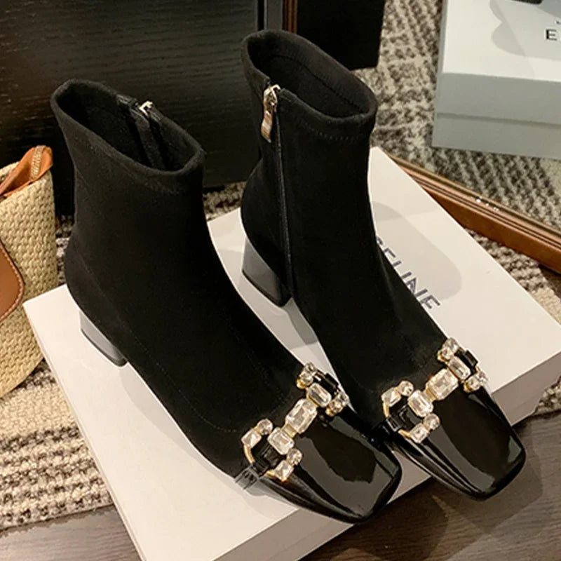 Women Suede Crystal Ankle Chelsea Boots High Heels Shoes Chunky Motorcycle Boots Square Toe Goth Snow Botas Pumps