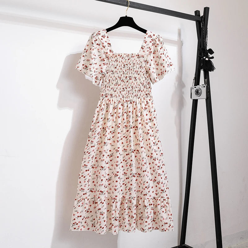 Spring Summer Chiffon Women Dresses Female Short Sleeve Elastic Waist Printed Floral Midi Dress Pleated Backless Casual Dress Beige One Size