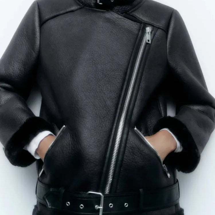 Women Fall Winter New Fur Integrated Thermal Jacket Coat Faux Leather Long-sleeved Lapel Padded Warm Chic Female Outerwear