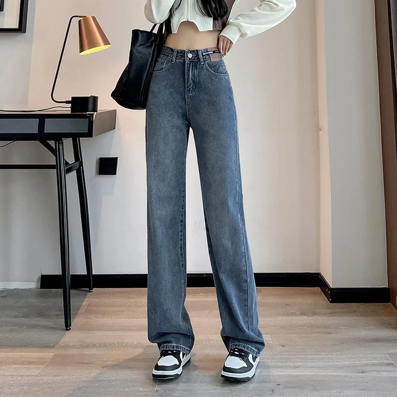 Women Jeans Denim Straight Wide Leg Pants for High Waisted Mop Trousers Brand