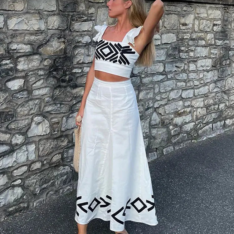 Fashion Sleeveless Short Top Skirt Set For Women Slim High Waisted Pattern Female Skirts Suit Casual Beach Holidays Prom Gowns White
