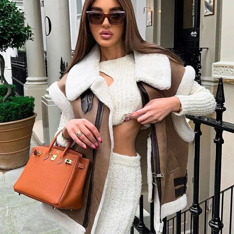 TRAFZA Winter Fur Vest Women Faux Sheepskin Fur Waistcoat Chic Lady Faux Leather Fleece Warm Vest Woman Sleeveless Jacket