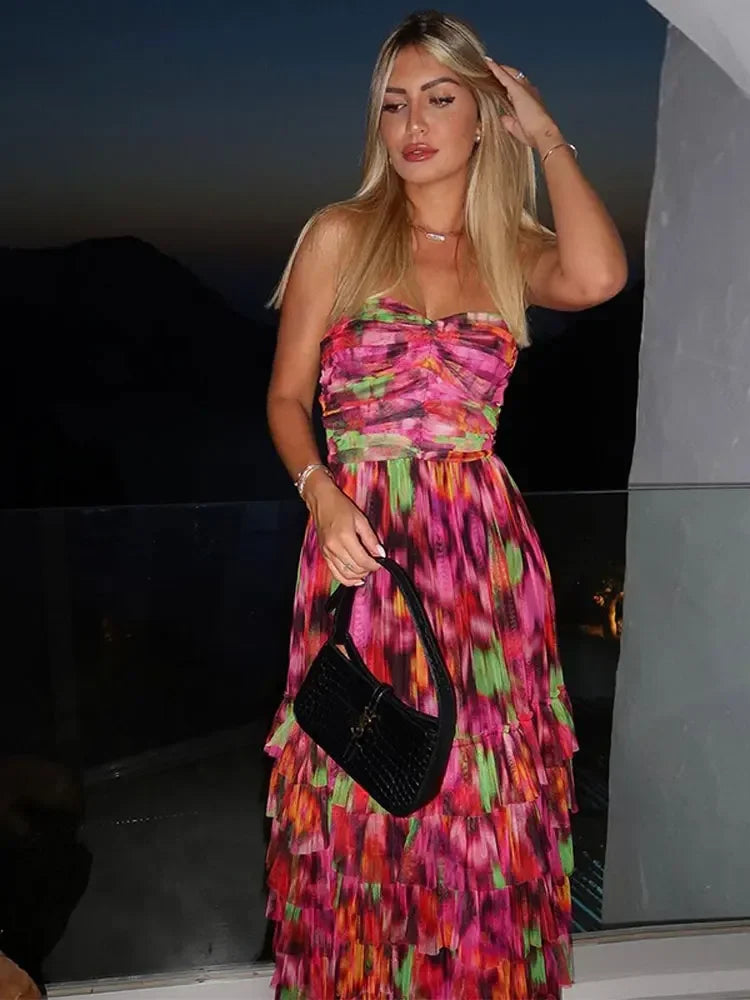 Colorful Strapless Long Dress Women Elegant Backless Patchwork Bodycon Dresses Summer Female Club Party Evening Vestidos