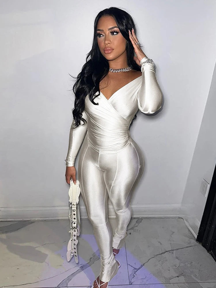 Ladies Off Shoulder Night Clubwear Y2K 2 Piece Long Sleeve V-Neck Folds Tees+Pencil Pants Fashion Club Streetwear Women Outfits White