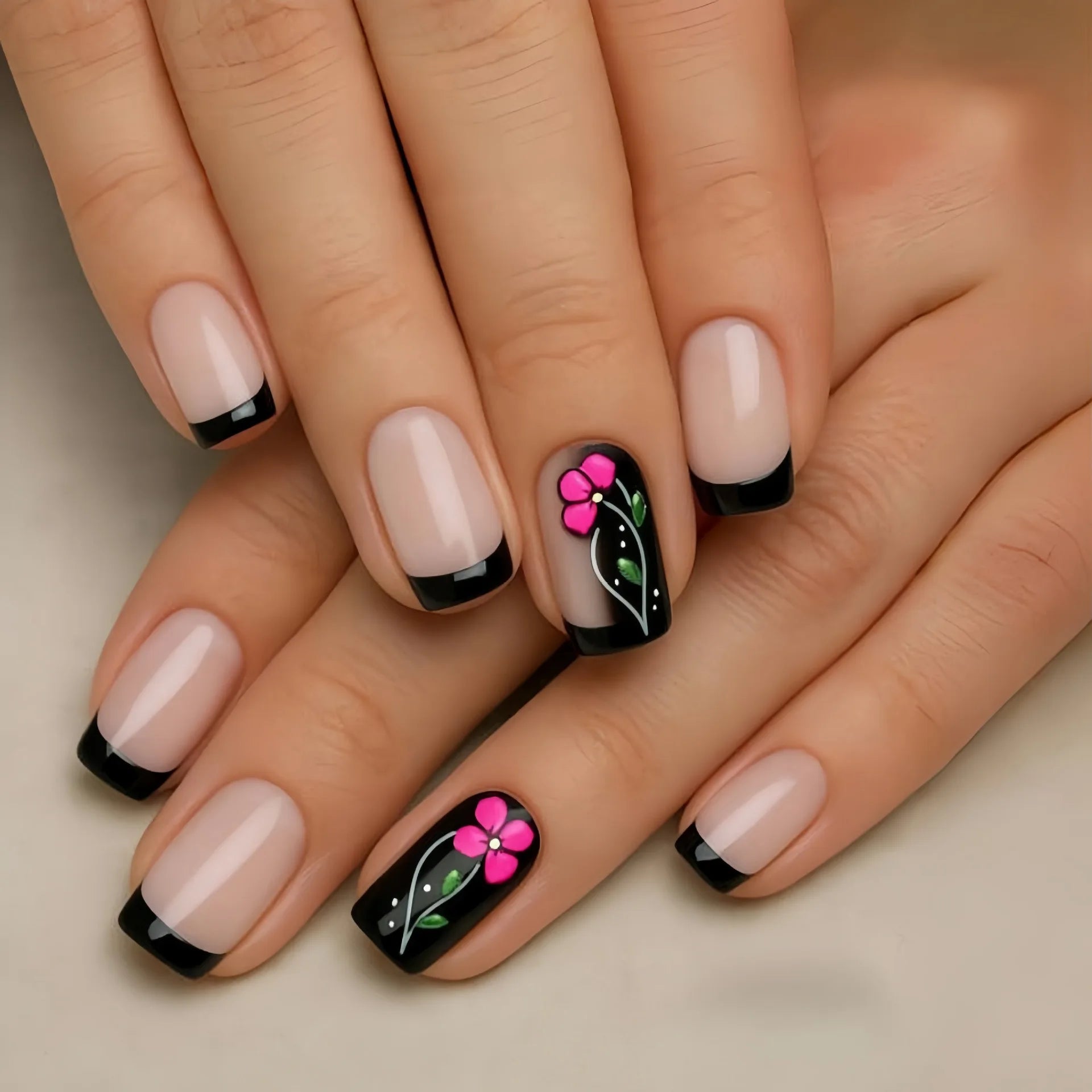 24pcs Brown False Nails Art Mid-length Ballet Fake Nail Sets Detachable Flower Design Full Cover Nail Tips Square Press on Nails