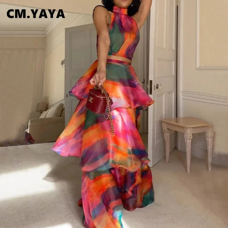 CM.YAYA Women Dress Sleeveless Printed Vest Long Ruffles 2024 Summer Beach Sexy Night Party Dresses Outfits