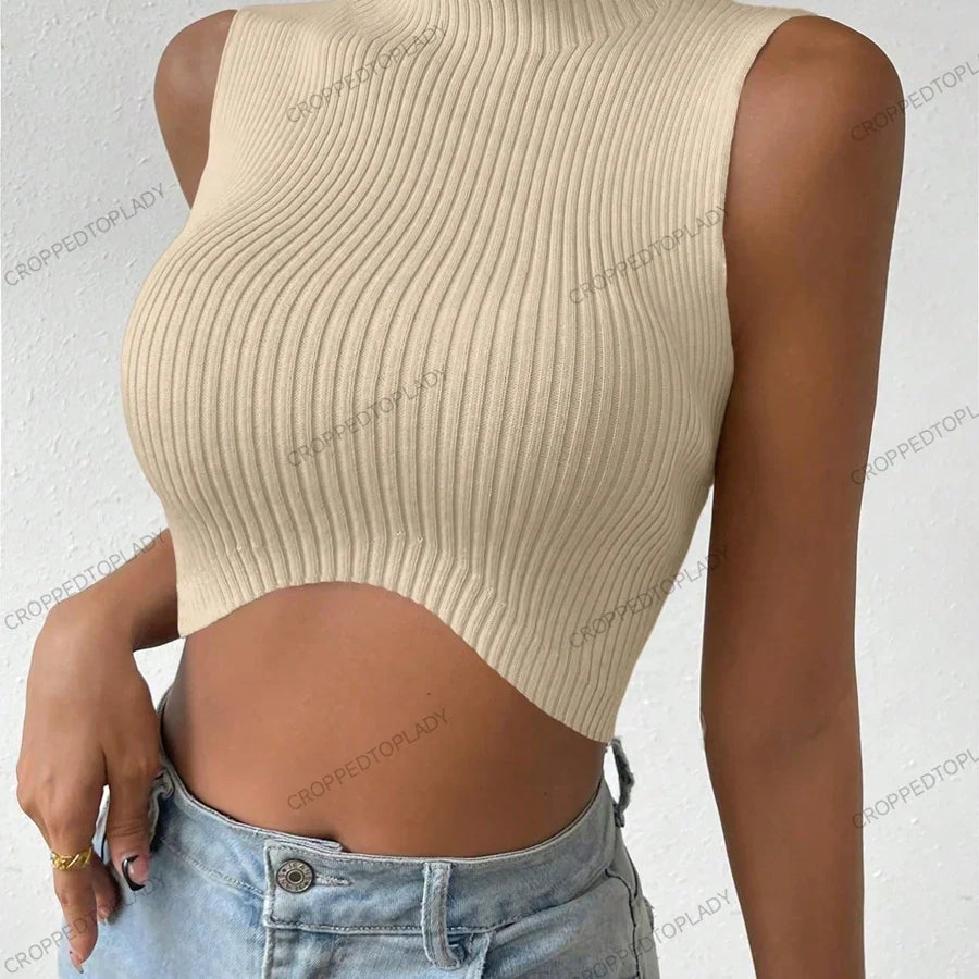 Summer Spring Women Casual Sexy Knit Sleeveless Curve Corset Mock Neck Crossfit Crop Top Femme Stretch Y2k Tank Fashion Clothes Beige Free size