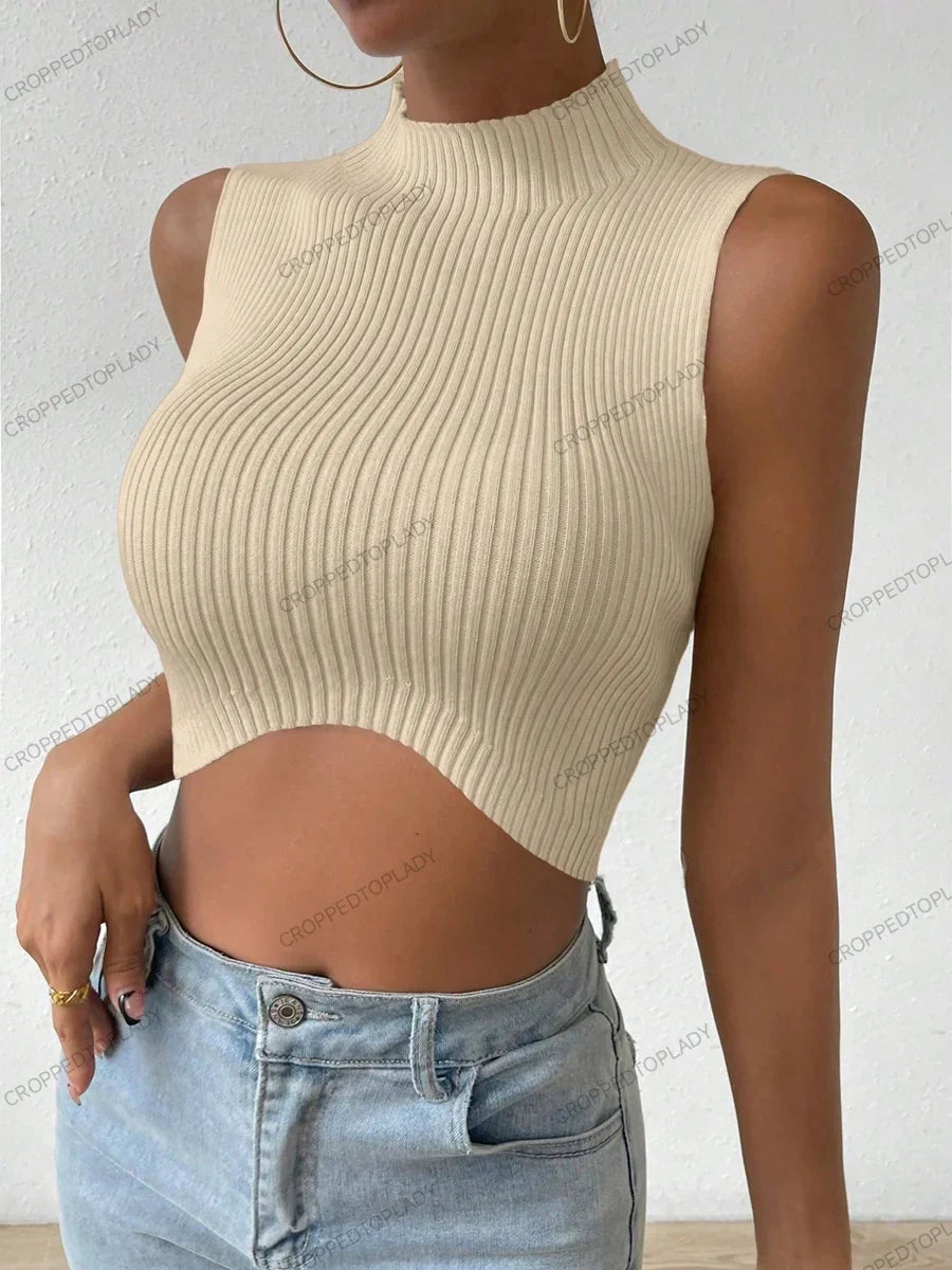 Summer Spring Women Casual Sexy Knit Sleeveless Curve Corset Mock Neck Crossfit Crop Top Femme Stretch Y2k Tank Fashion Clothes Beige Free size