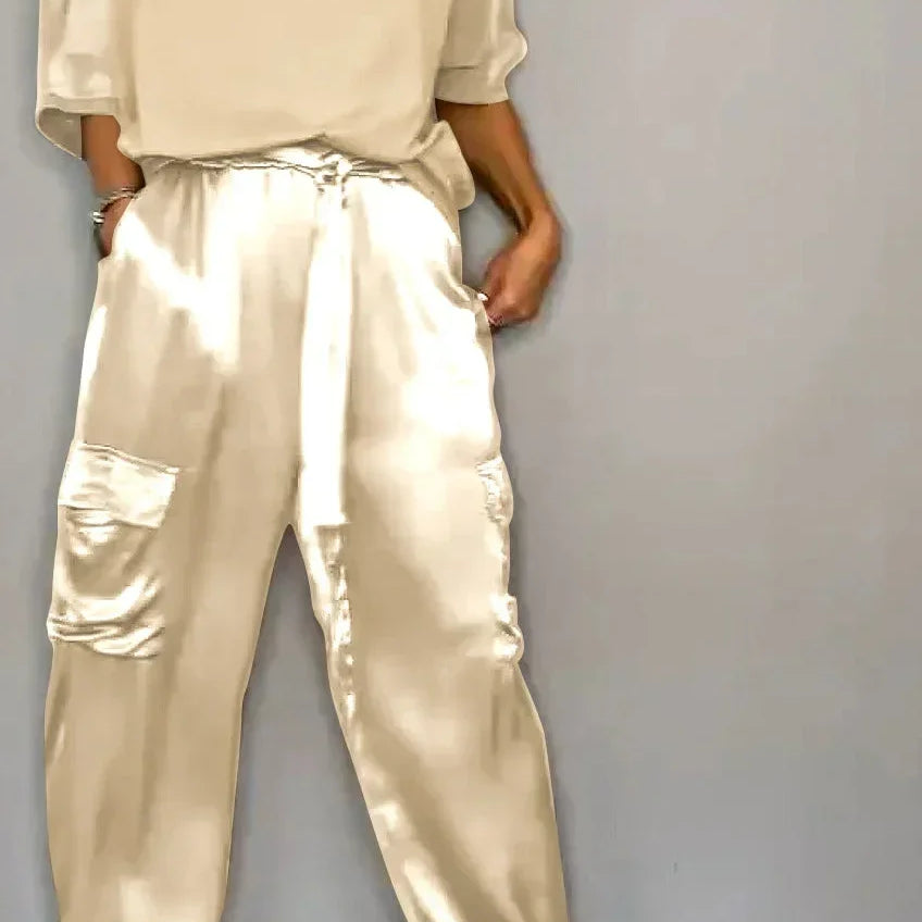 Summer Fashion Solid Satin Two Piece Set Women Round Neck Long Sleeved Top Long Pants Casual Loose Two Piece Set Women