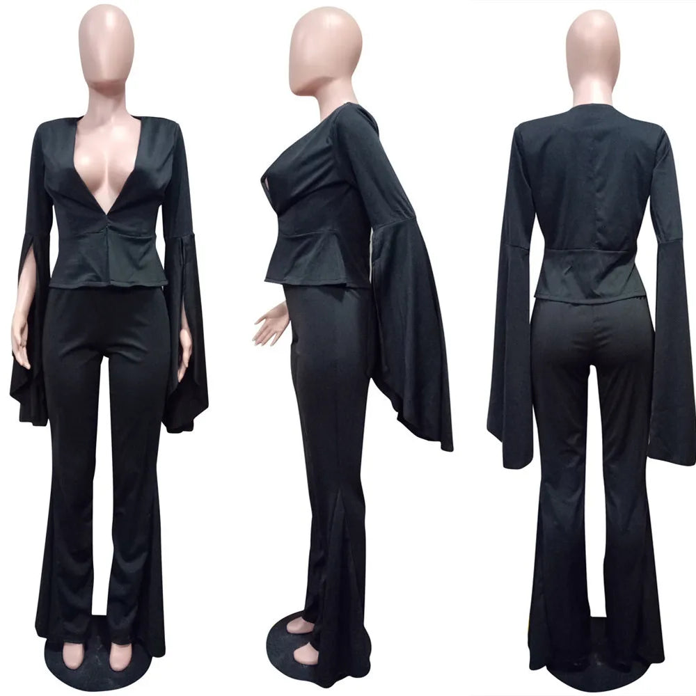 VANHAO Streetwear Chic Sleeve Blazer and Long Flare Pants Solid Color Two Piece Set Women Outfit 2023 Wholesale Dropshipping