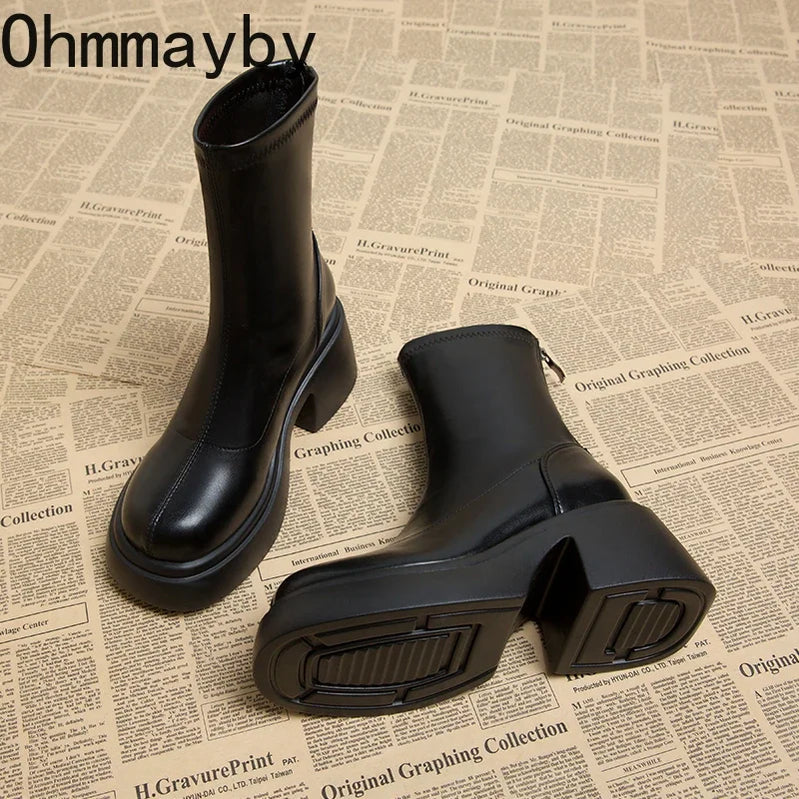 Winter Short Boots For Women Fashion Back Zippers Ankle Boots Female Elegant Square Heel Women's Knight Bootties
