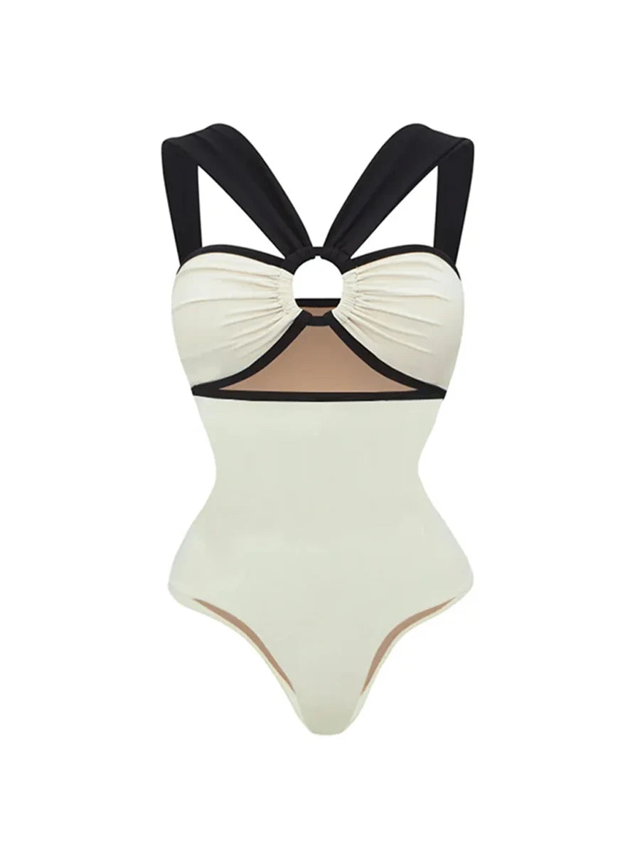 Colorblocked One-Piece Swimsuit and Beach Kaftan Dress Women's Elegant Fashion Bikini 2023 Holiday Luxury Bathing Suit Beachwear One Piece 01