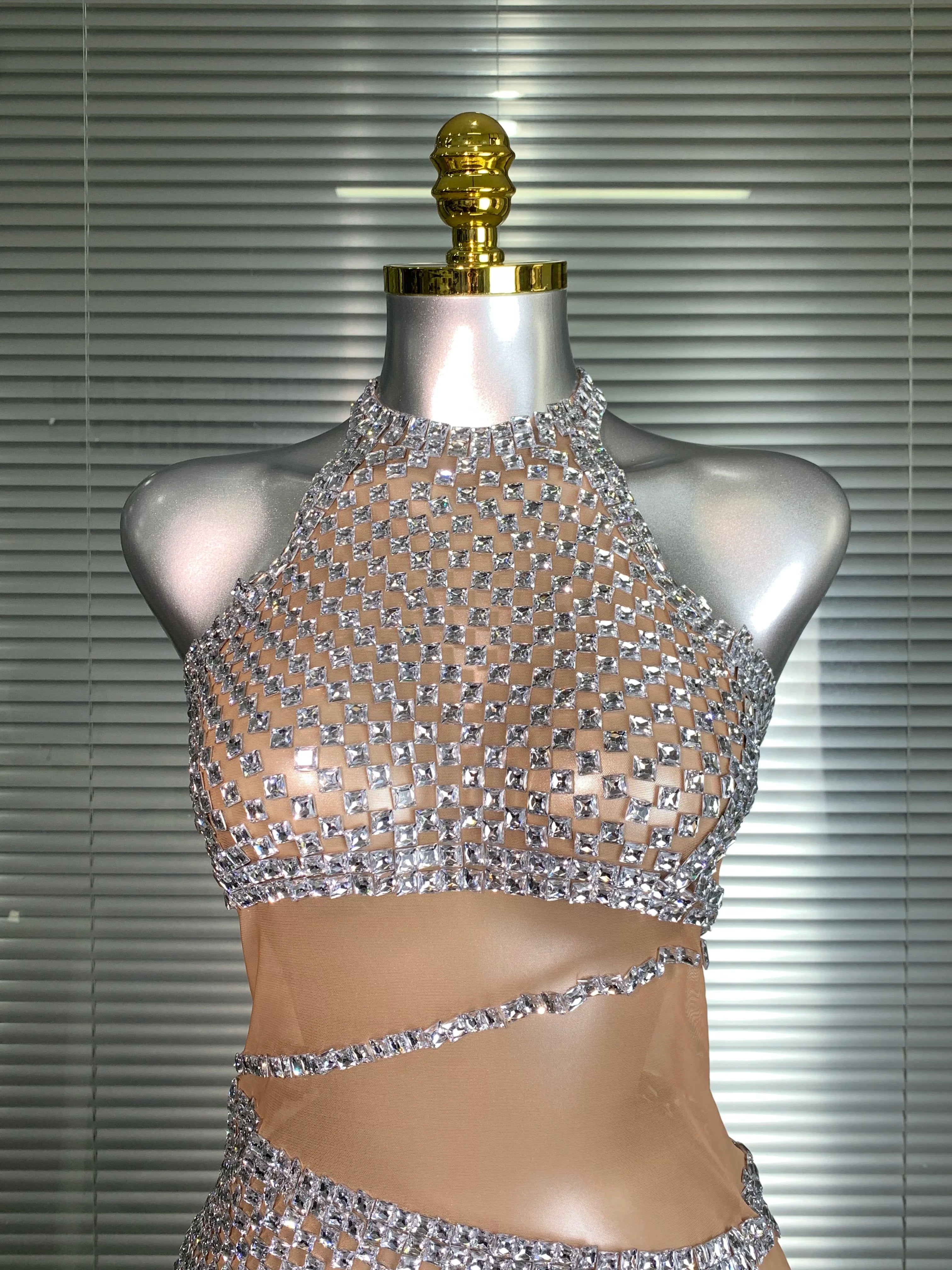 Celebrity New Women Sexy Mesh Sheer Crystal Stage Performance Costume Stage Dancer Singer Night Club Mini Party Dress