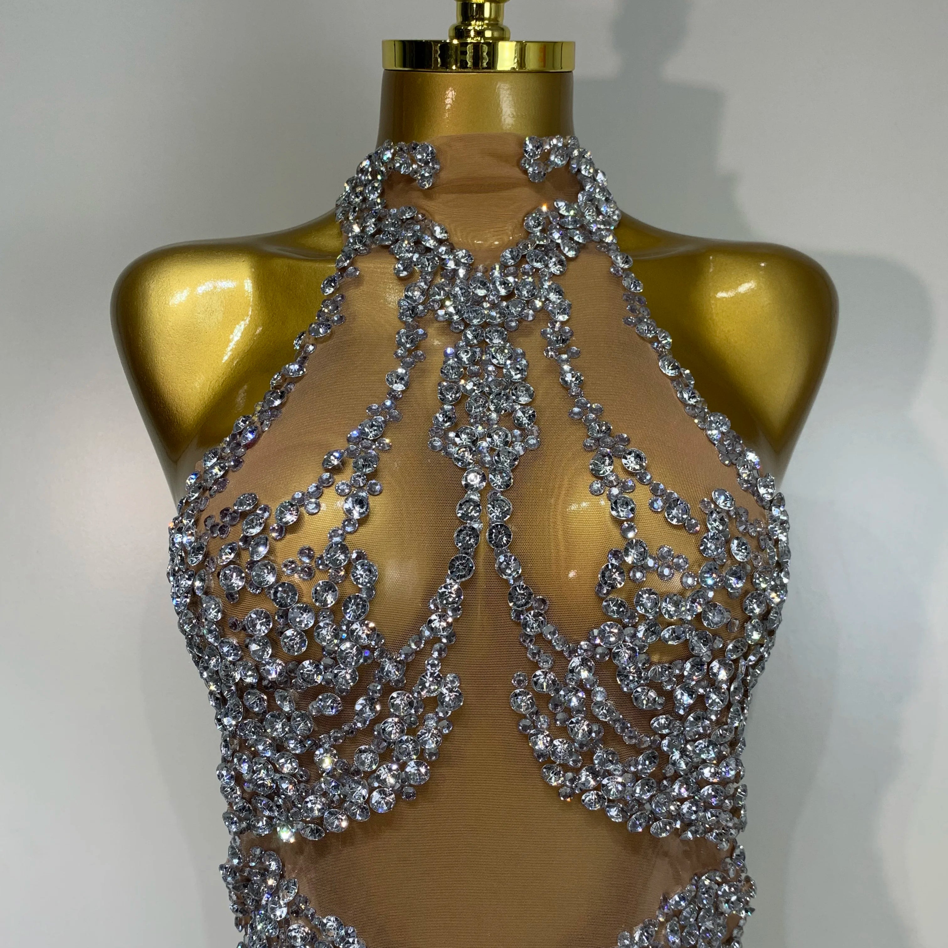 Luxury Rhinestones Mesh Transparent Prom Mini Dress Shinny Women Birthday Celebrate Party Prom Nightclub Outfit Stage Costume