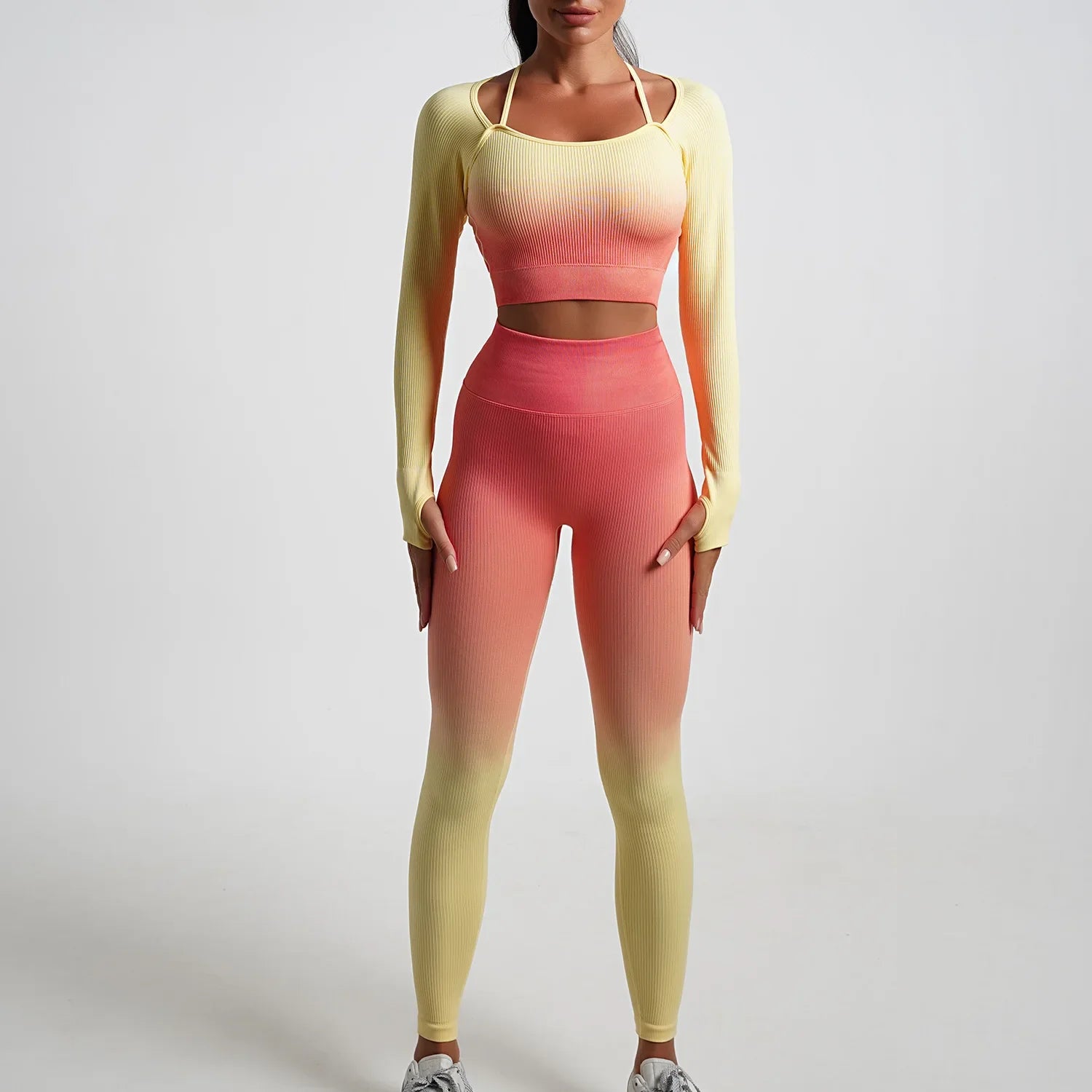 Seamless Gradient Yoga Sets Sports Fitness High Waist Hip-Lifting Pants Long-Sleeved Suits Workout Gym Leggings Sets for Women Orange A
