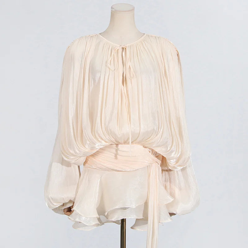 2025 Spring Solid Spliced Lace Up Loose Dresses For Women O Neck Long Sleeve High Waist Temperament Dress Female Fashion