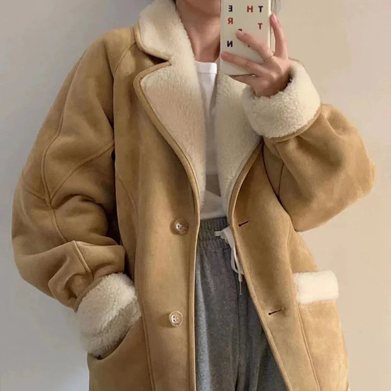 Lady Winter Woman's Fashion Thick Warm Faux Shearling Jacket Coat Vintage Long Sleeve Female Real Wool Outerwear Camel