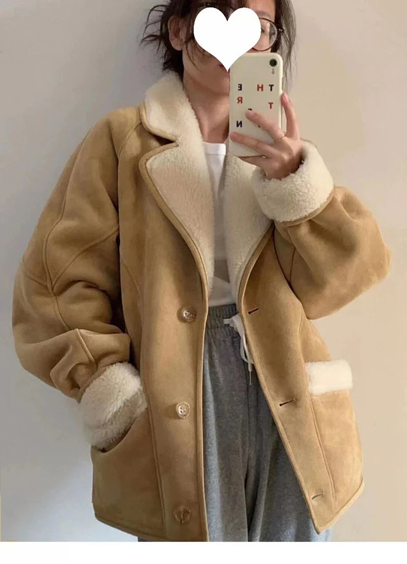 Lady Winter Woman's Fashion Thick Warm Faux Shearling Jacket Coat Vintage Long Sleeve Female Real Wool Outerwear Camel