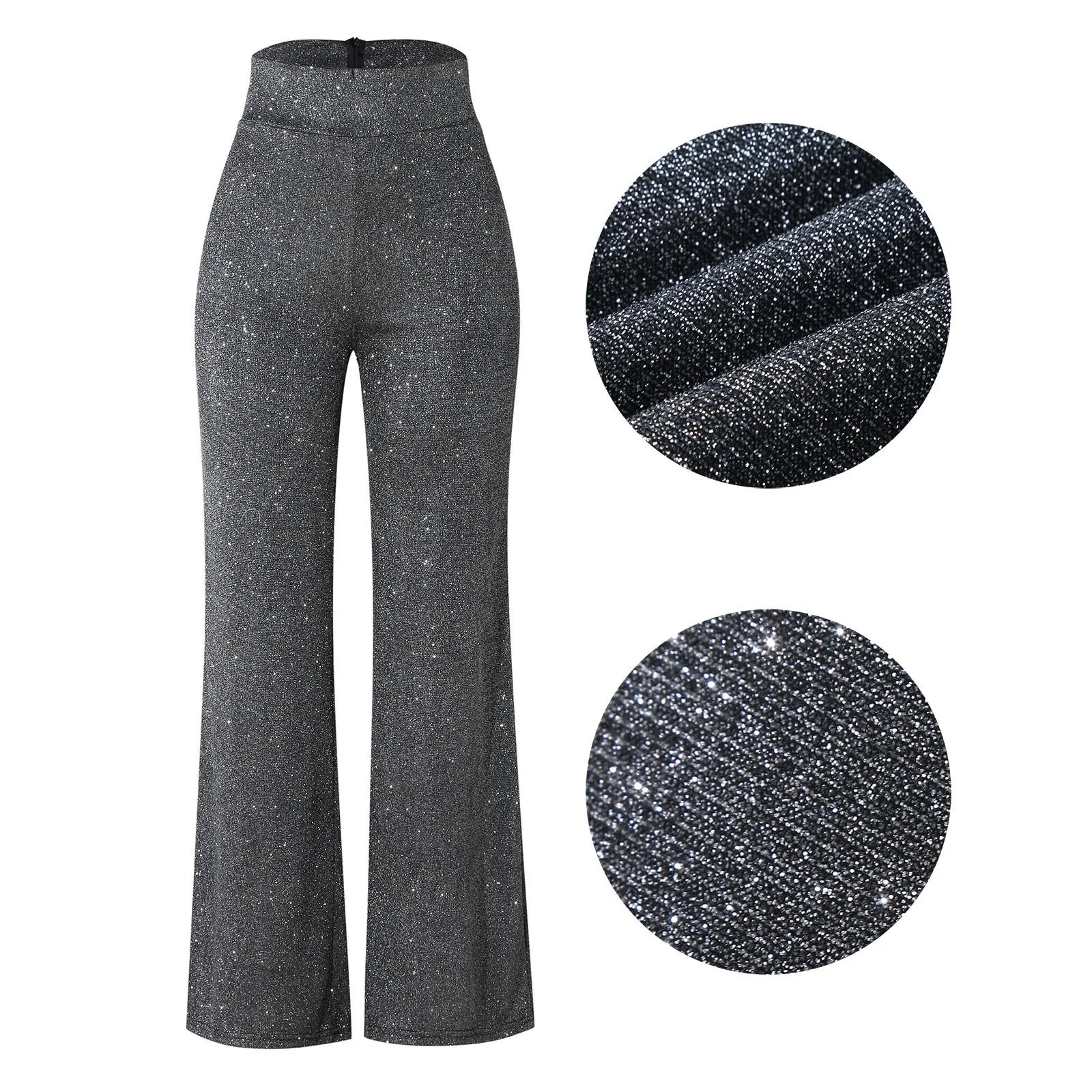 High Waisted Glitter Sequins Pants Outfit Women Silver Sparkly Flare Sequined Wide Leg Trousers Party Night Clubwear