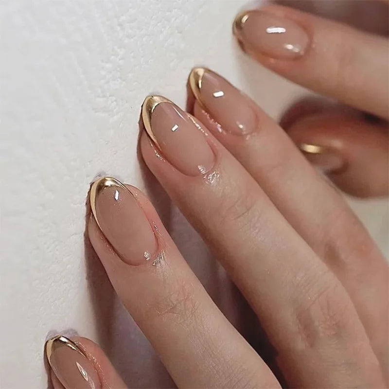 24Pcs Short Round Fake Nails with Gilding Flower Design Wearable Almond False Nails Tips Golden Lines Detachable Press on Nails