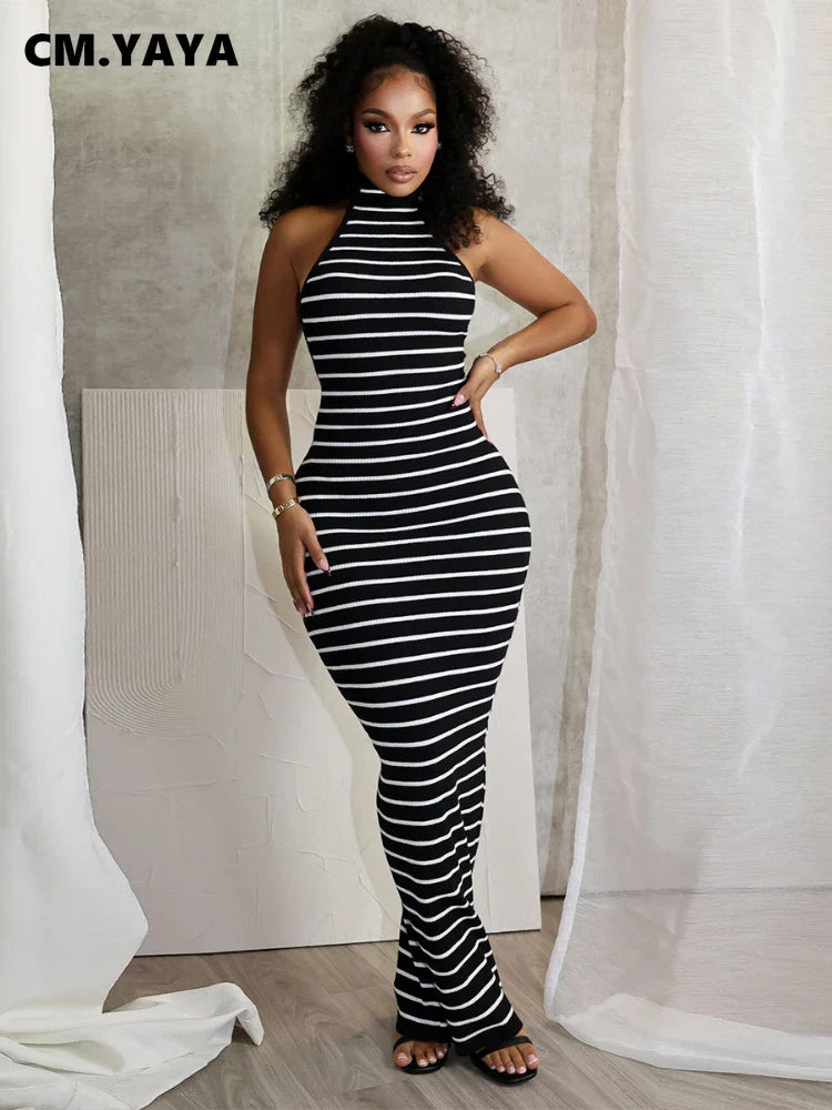 CM.YAYA Women Sleeveless O-neck Halter Backless Long Dress Summer Striped Print Evening Sexy Night Club Party Dresses Vestidos