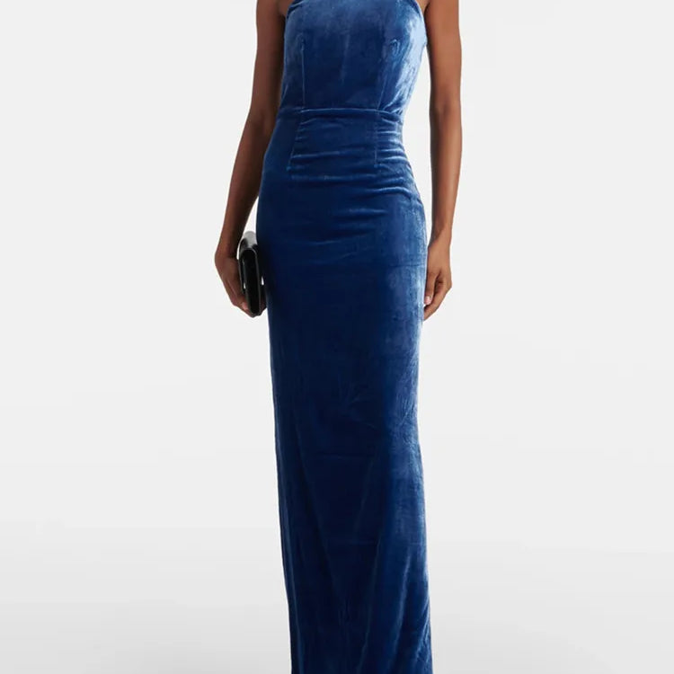 Chic Luxury Women Celebrity Sexy Tank Velvet Blue Maxi Long Gowns Dress 2025 Elegant Evening Party Club Vestido