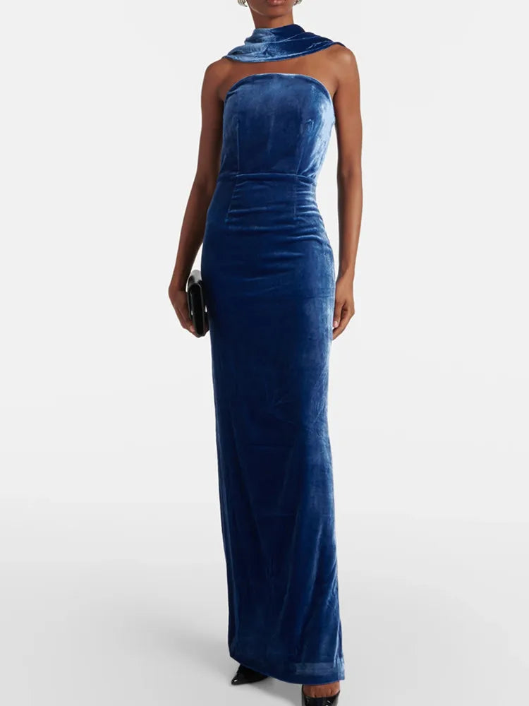 Vestido longo chique de luxo feminino, celebridade, sexy, de veludo azul, maxi, 2025, elegante, para festa à noite, clube
