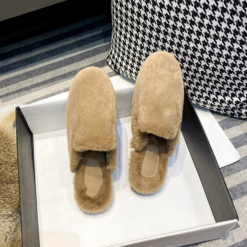 women's plush flat slippers Winter Home and Outdoor Shoes Fashionable fur warm design work and office mules Large size 41-44