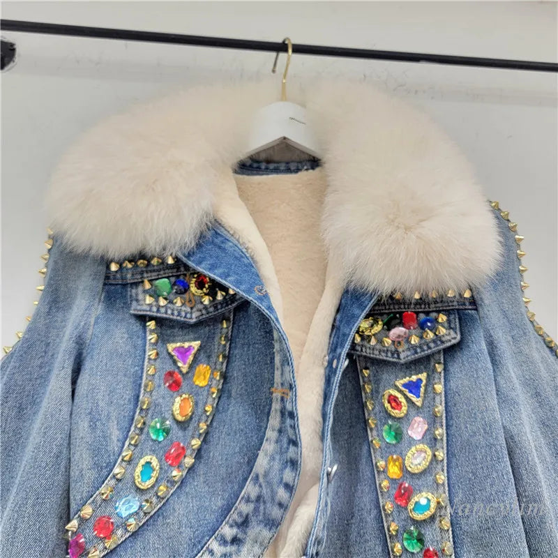 European Street Winter Denim Jacket Women's Fleece-Lined Thickened Warm Street Short Parka Clothes Casaco Feminino