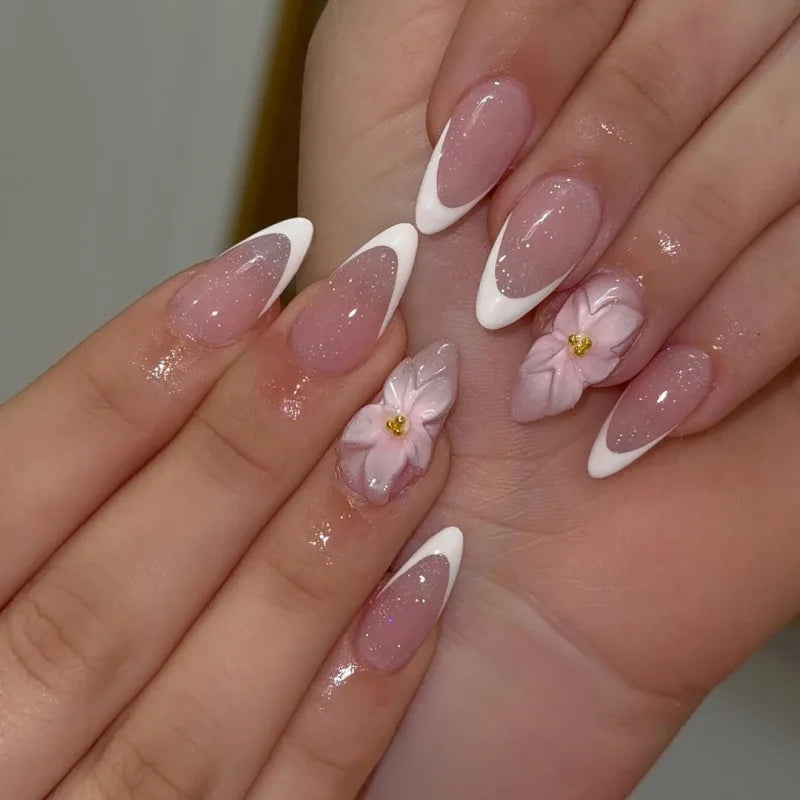 24pcs Pink Blush Press on Nails Sweet Love Design Almond False Nails for Girl Wearable Reusable Ins Simple Fake Nail Tips