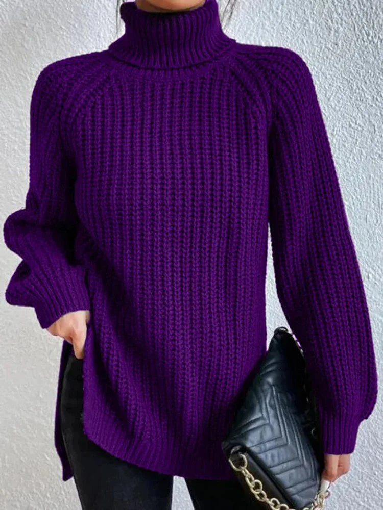 Women Winter Turtleneck Loose Sweater Elegant Drop Sleeve Side Split Pullover Vintage Harajuku Chic Jumpers Oversized knit Tops PURPLE