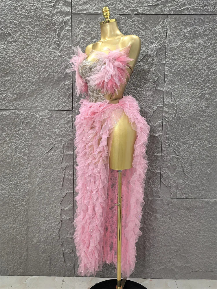 Pink Color Women Sexy Strapless Ruffles 2 Pieces Bodycon Long Dress High Split Fashion Nightclub Party Birthday Fashion Dress