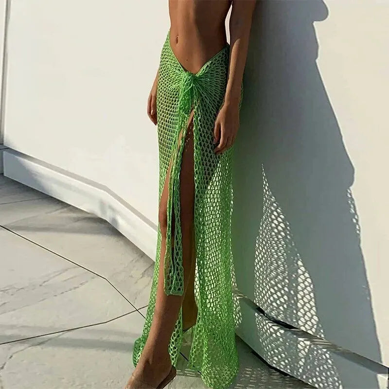 Croche Beach Cover Up Sexy See Through Dress for Women Knit Long Skirts Mesh Hollow Out Through Wrap White Midi Skirt green One Size