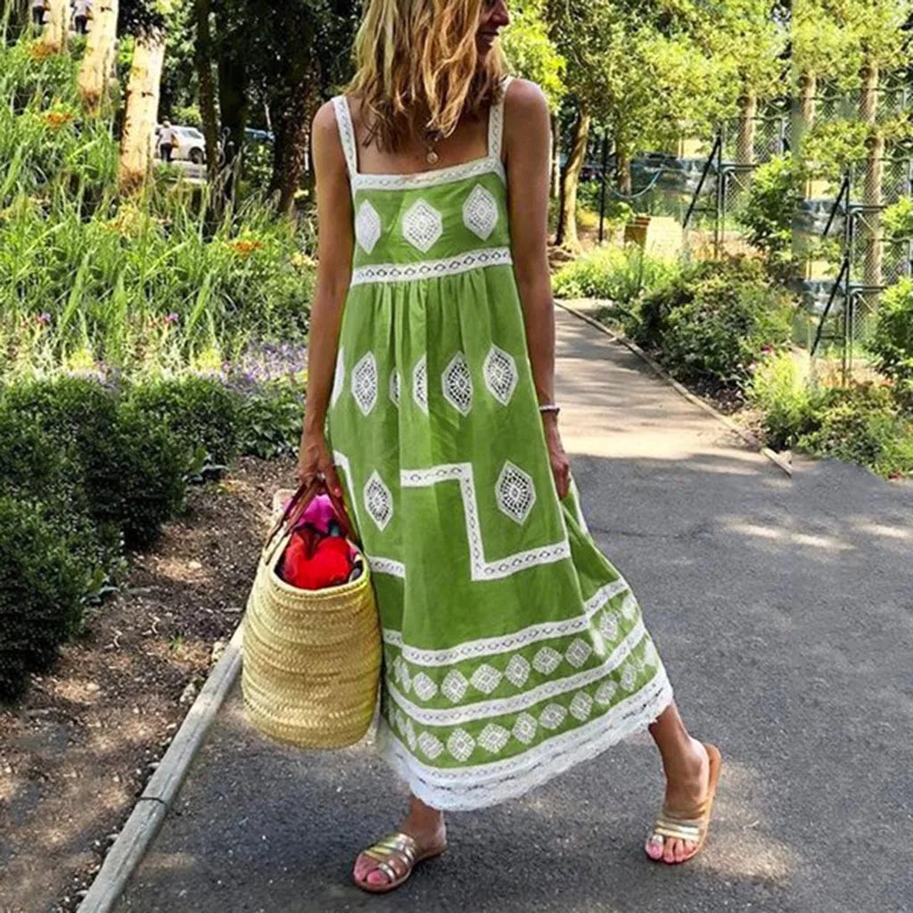 Women Summer Beach Sundress Vintage Vestidos Print Strap Dress Boho Style Big Swing Holiday Maxi Dress Female Casual Dress Green