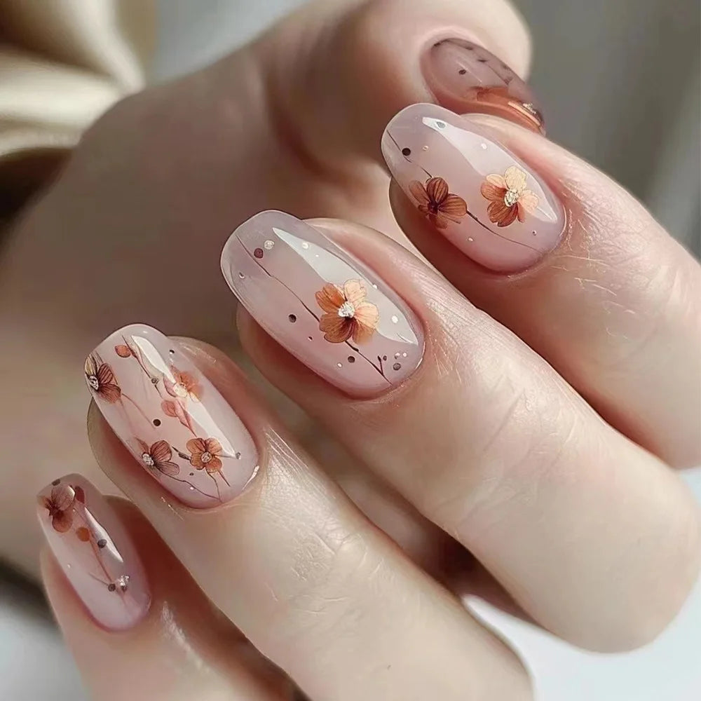 24pcs/set short medium long fake nails Spring flowers flora for St. Patrick's Day faux ongles press on acrylic false nail art